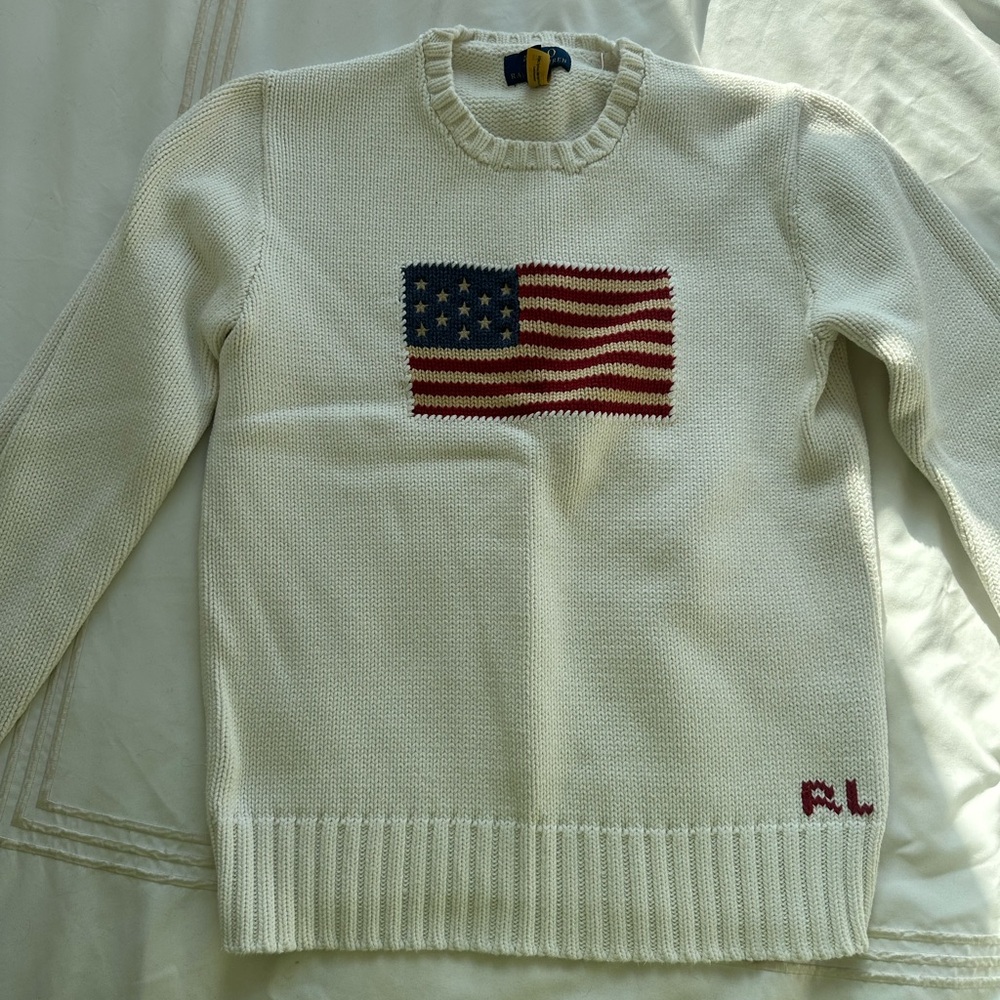 Ralph Lauren Cream Crewneck Sweater with Flag Motif